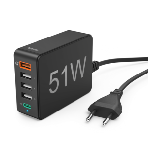 МРЕЖОВО ЗАРЯДНО HAMA 51 WATT, 5XUSB, QC3.0, 3X USB-A, USB-C PD, ЧЕРЕН 0